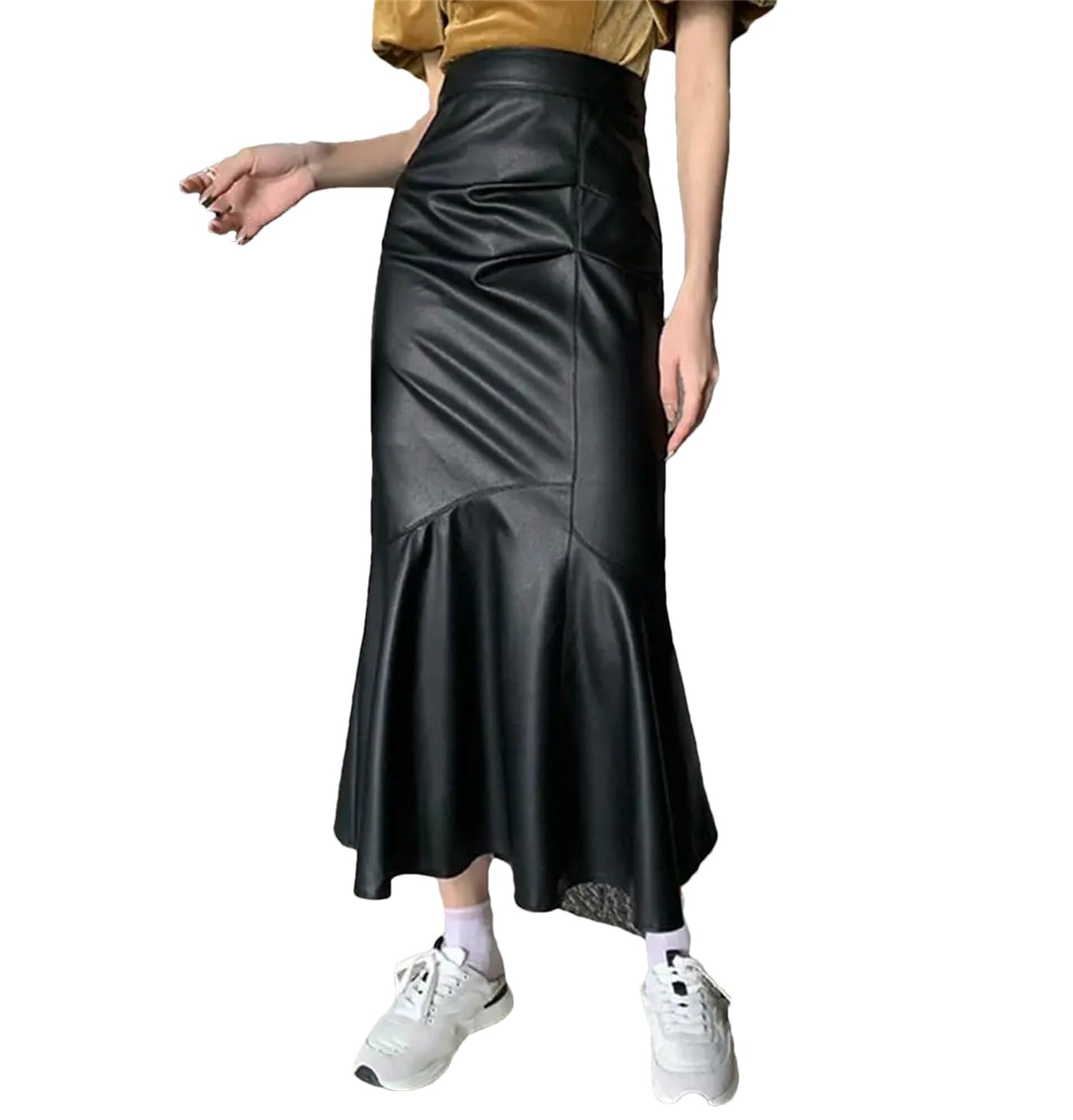 Wjnvfioo Moda A Vita Alta Donne PU Gonne In Pelle Vintage Pieghe Patchwork Increspature Autunno Solido Gonne
