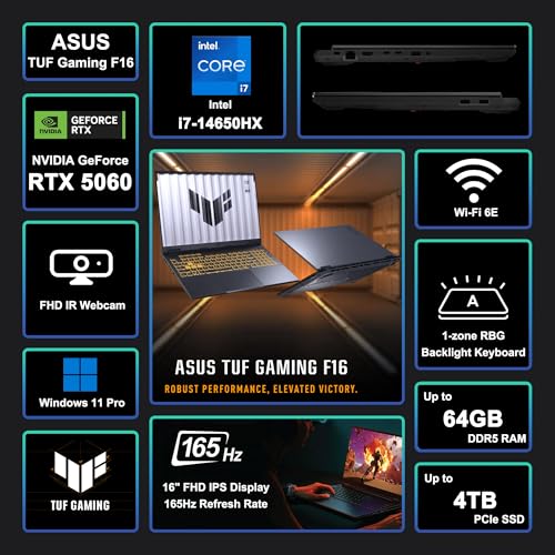 Image of ASUS TUF Gaming F16 Laptop 16 inch WUXGA IPS 165Hz (100% sRGB, GSYNC) Intel 16-core i7-14650HX 32GB DDR5 2TB SSD GeForce RTX 5060 (Up to 572 AI TOPS) RGB Backlit Thunderbolt Hi-Res WiFi6E Win11Pro ICP Hub