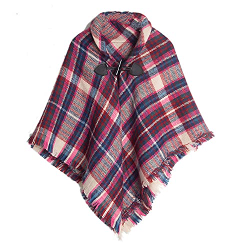 Proumhang Girls Tartan Scarf With horn buckle,Plaid Wrap,Poncho Cape Shawl For Kids,Winter Warm Scarves,One Size,Pink