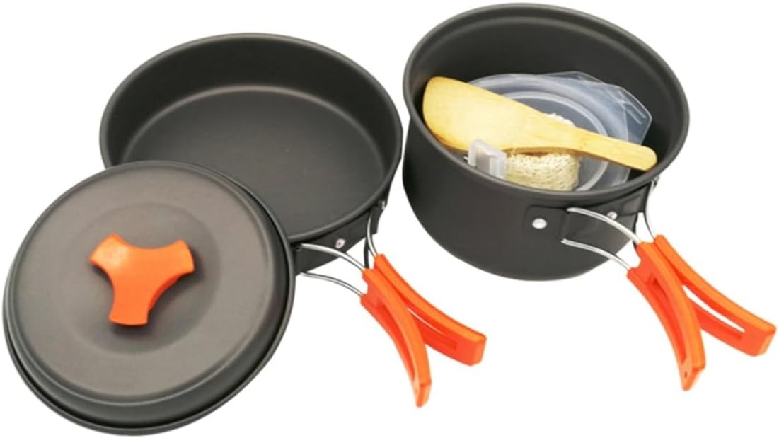 LIOOBO 8pcs Portable Outdoor Cooking Set Camping Cookware Kit Dutch Oven Pan Bowl Spoons Cutlery for Person Camping