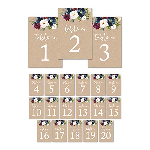 Andaz Press Kraft Brown with Burgundy Midnight Blue Florals Fall Wedding Party Collection, Table Numbers 1-20 on Perforated Paper, Single-Sided, 4X 6-inch, Floral Bouquet Graphic Design, 1 Set