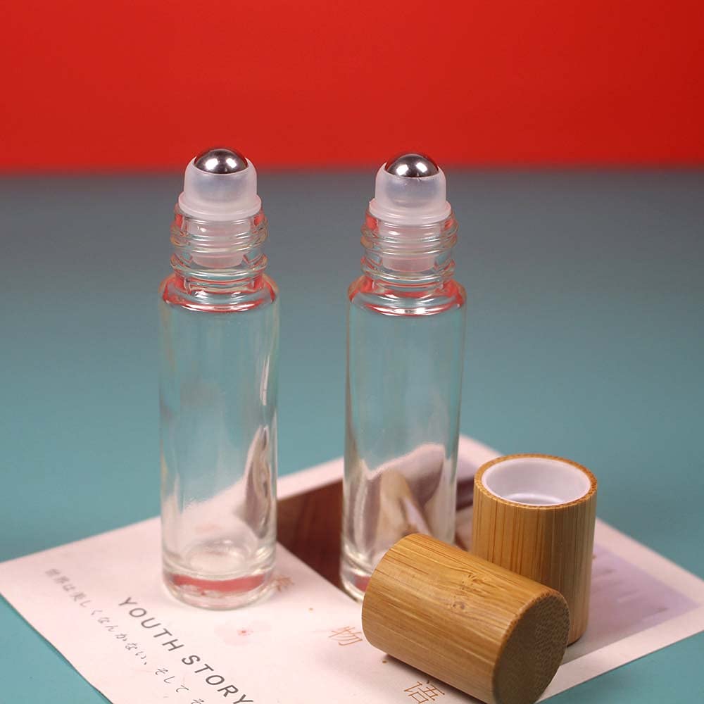 COSIDEA 18 bottiglie a rullo in bambù da 10 ml con tappo in bambù per oli essenziali, vuote, in vetro, per profumo, trasparenti