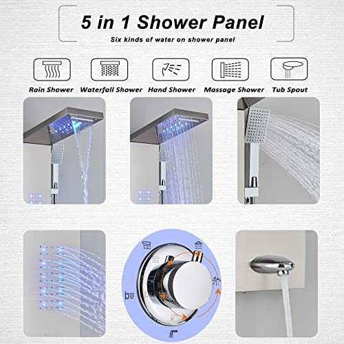 Fcoteeu Shower Panel Tower System,Led Rainfall Waterfall Shower Head Led Large Area Massage Jets Tub Spout,Stainless Steel Bathroom Shower Tower Column Brushed Nickel #TOP4