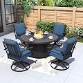 Kurapika 5 Piece Metal Outdoor Patio Furniture Set with Round Fire Pit Table, Patio Conversation Sets 4 Swivel Chairs with Thick Cushion and 40000 BTU Fire Pit Table, Navy Blue