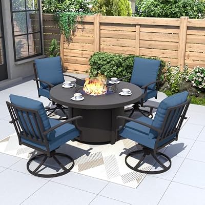Kurapika 5 Piece Metal Outdoor Patio Furniture Set with Round Fire Pit Table, Patio Conversation Sets 4 Swivel Chairs with Thick Cushion and 40000 BTU Fire Pit Table, Navy Blue