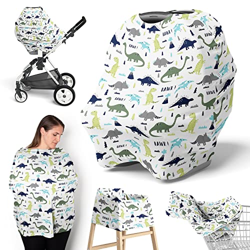 Image of Sweet Jojo Designs Blue and Green Dinosaur Boy Infant Baby Car Seat Cover Nursing Breastfeeding Shopping Cart Stroller Canopy - Turquoise Dark Green Modern Boho Grey and White Mod Dinosaurs