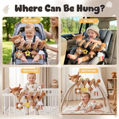 Image of Stuffed Highland Cow Spiral Car Seat Toys for Babies 0-3-6-12 Months, Infant Stroller Toy with Mushroom Pendant & Star Teether Hanging, Cute Baby Registry Search & Shower Gifts for Newborns