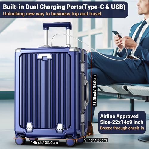 Portable Carry on Luggage Airline Approved, Luggage with Wheels for Trips, Practical Suitcase with Front Pocket ＆ USB Port.(01-Blue)4