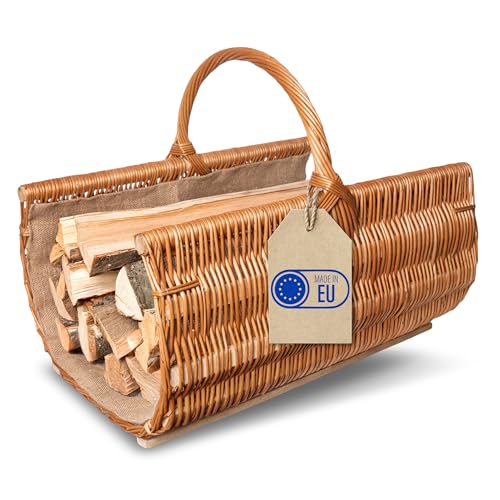 Creative Home Panier à Bois pour Cheminée Panier en Osier avec Poignée et Jute | Ovale 60 x 45 x 50 cm (+/-2cm) | Brun Naturel | Tissé à la Main |...