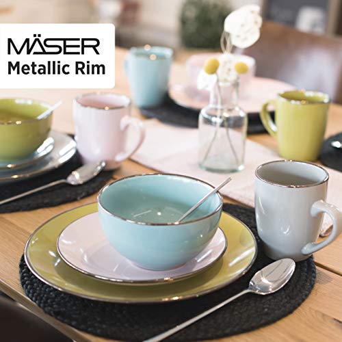 MÄSER 931726 Metallic Rim, Modernes Geschirr Set für 4 Personen mit messingfarbenem Rand, 16-teiliges Kombiservice mit randlosen Coupe-Formen, bunt, Steinzeug, Fresh