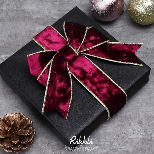 Image of Ribbli Burgundy Velvet Wired Ribbon 1.5 Inch Metallic Burgundy Red Gold Crushed Velvet Christmas Ribbon for Gift Wrapping Christmas Tree Decoration Crafts Wreaths Supplies-Continuous 10 Yards