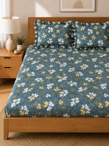 Image of 380 TC Premium Glace Cotton Elastic Fitted Bedsheet King Size with 2 Pillow Covers King Size | Double Bed with All Around Elastic (Green Gary, Fitted - 72 inchx78 inch King)