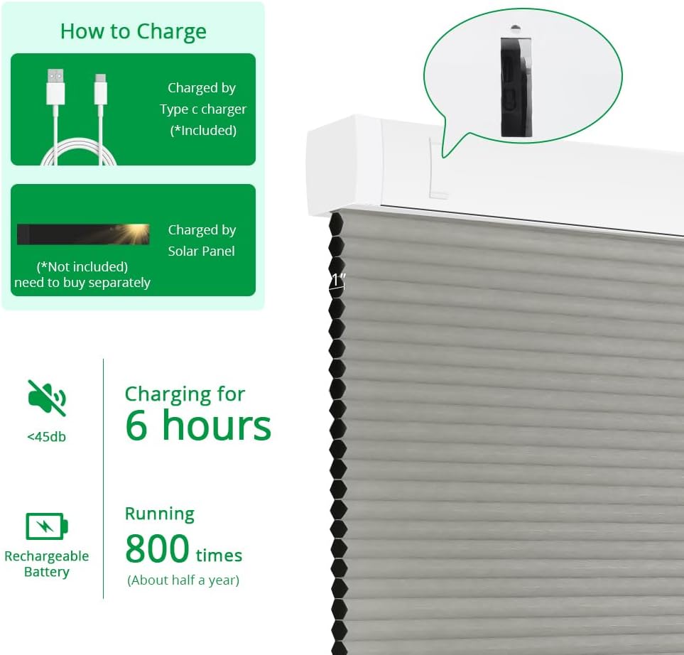 Motorized Cellular Shades with Remote Blackout Honeycomb Smart Blinds Options for Indoor Windows, Remote/Alexa/Matter Compatible, Easy DIY Installation (Silver Gray)