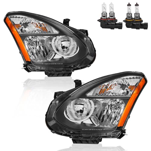 KUIPERAUTO Headlights Assembly Replacement Compatible for 2008-2013 Nissan Rogue Compatible for 2014-2015 Rogue Select Halogen with Clear Lens Black Housing Amber Reflector Front Lamps (Set of 2)
