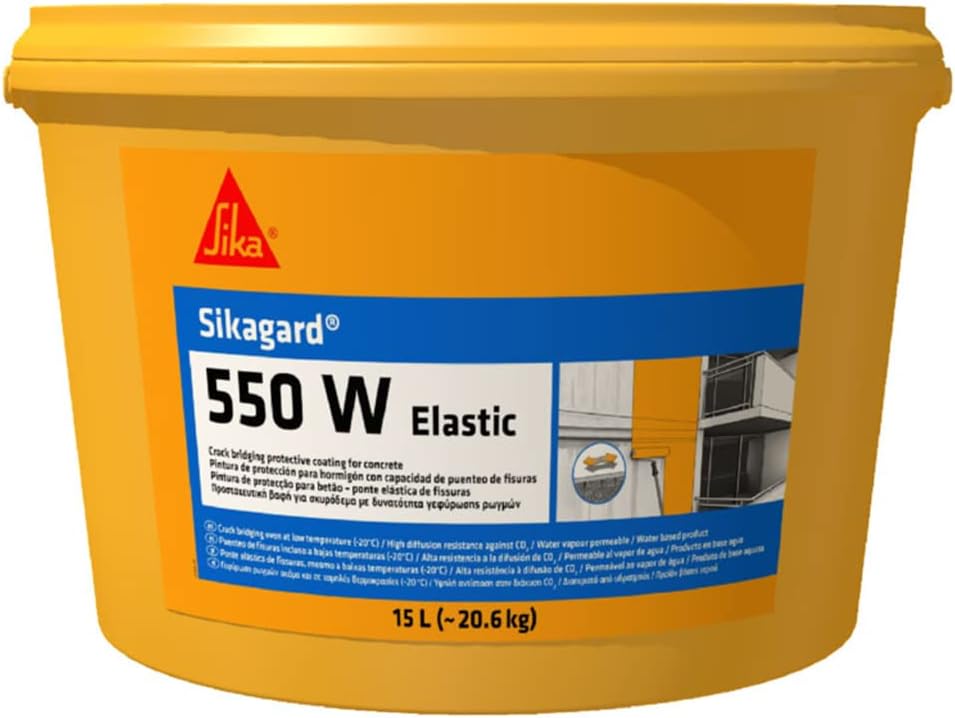 BC Profiles SikaGard 550W Elastic | Anti-Carbonation, Crack-Bridging and Water-Based Acrylic Protective Coating for Concrete, Masonry and Exterior Finishing - 15 Litre - RAL7044