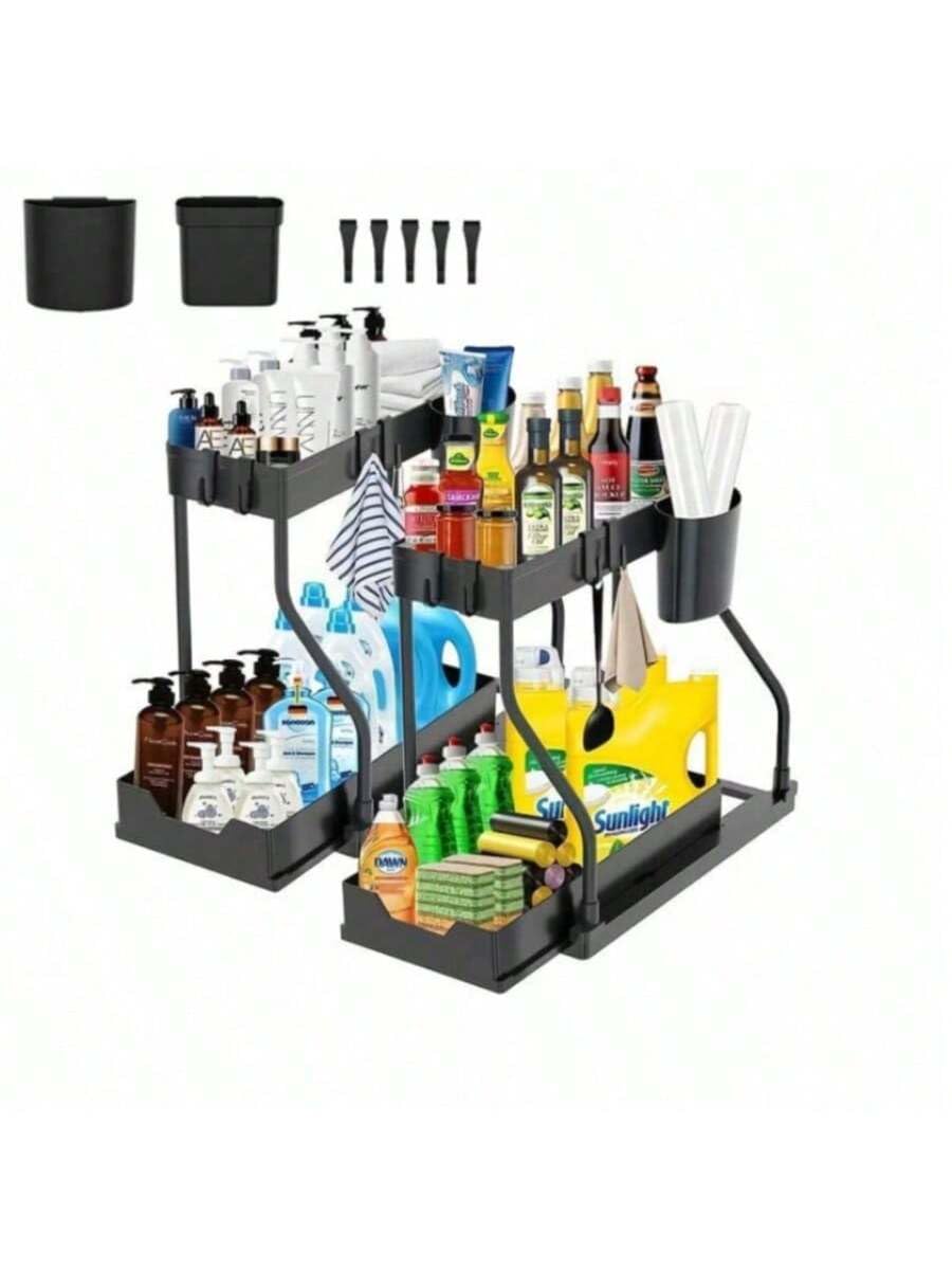 2PCS Tier Under Sink Storage Organizer, Kitchen Organization And Storage,Plastic Sliding Drawer, Multi-Purpose Rack For Bathroom & Kitchen, Black/White Cabinet Organizer