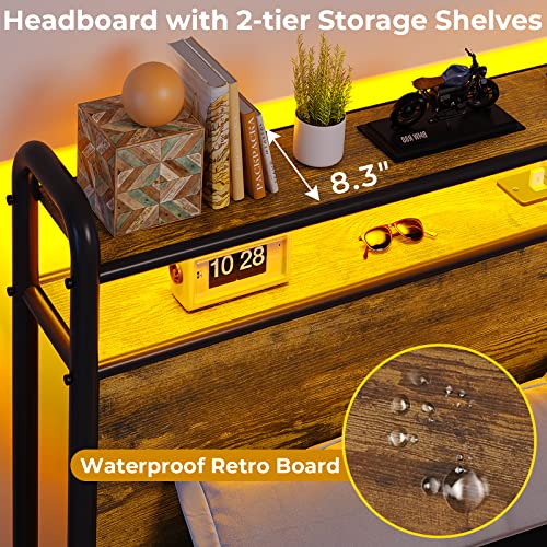 Hasuit Led Queen Bed Frame With 2-Tier Storage Headboard, Industrial Platform Bed Frame With 2 Outlets And 2 Usb Ports, Strong Steel Slats Support Mattress Foundation, No Box Spring Needed #TOP2