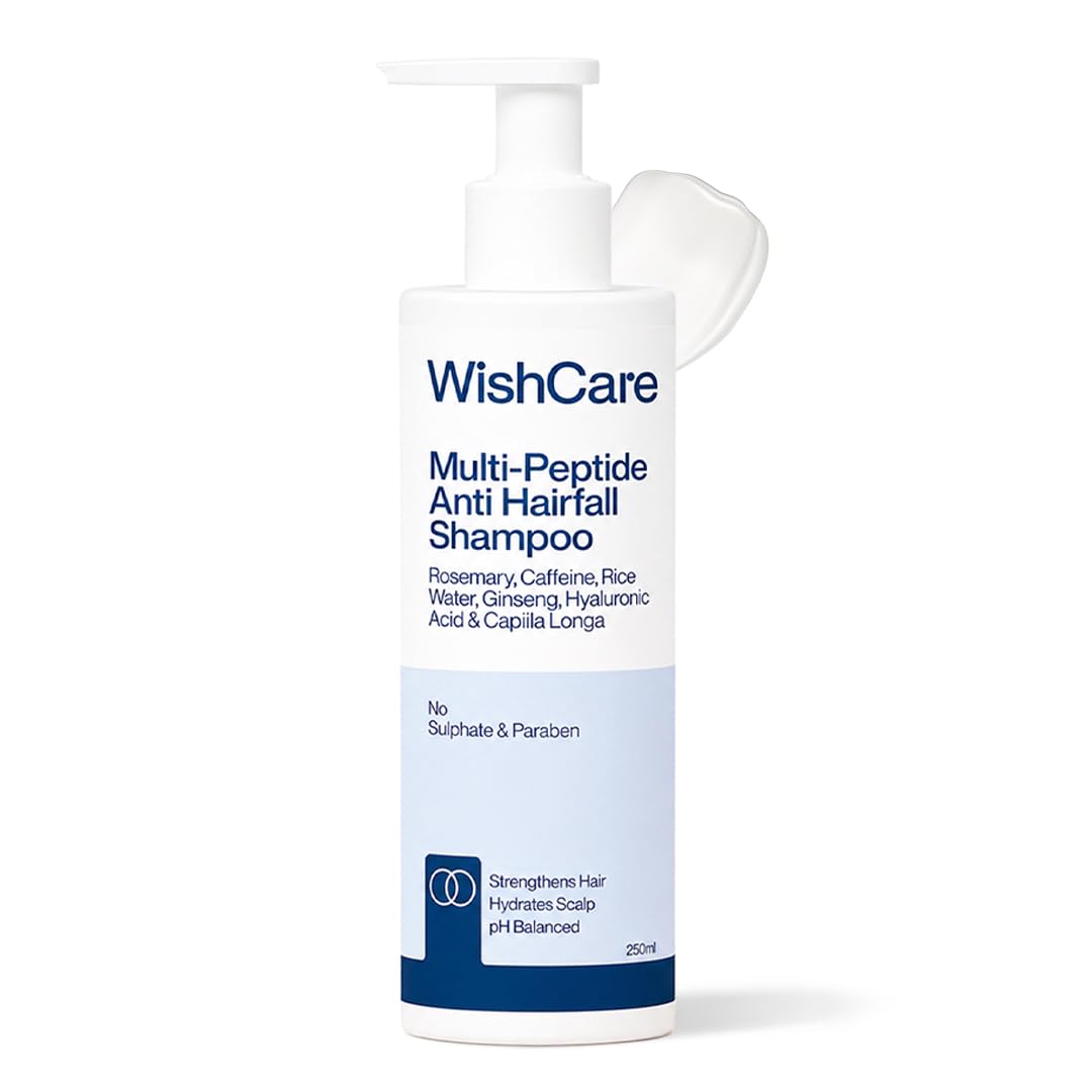 WishCare Multi Peptide Anti Hairfall Shampoo For Frizzy and Dry Hair | Controls Hairfall & Promotes Hair Growth | Peptides, Rice Water, Rosemary & Caffeine | Paraben & Sulphate Free Shampoo For Women & Men | For All Hair Types | 250ml