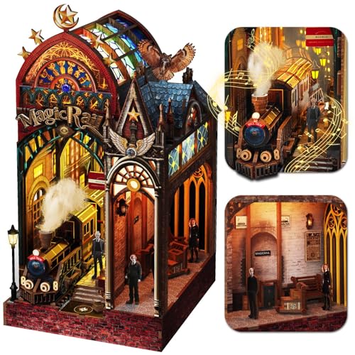 Image of Magic Train Station Book Nook Kit, 3D Wooden Puzzles for Adults with LED Light and Sound, Enchanted DIY Miniature Bookshelf Decor Experienced Players, Magical Book Gifts for Adults