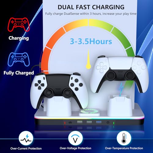 Image of PS5 /Pro /Slim Stand and Cooling Station with Dual Controller Charger for Playsation 5 Disc&Digital Consoles, RGB Light, Cooling Fan, Headset Holder PS5 Accessories 3 USB Hub(1x3.0 & 2x2.0)