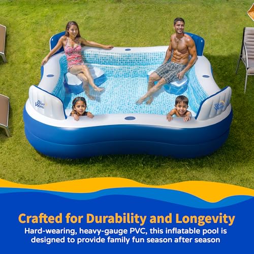 Image of Blue Wave Premier Family Inflatable Pool with Seats - 88-in x 88-in x 26-in Four-Seater Pool for Backyard Fun - Durable 4-Person Inflatable Pool with Cover, Drain Plug & Repair Patch