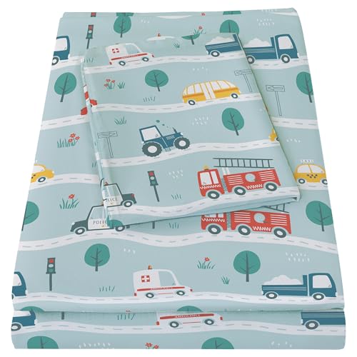 Image of Bedmoon Boys Twin Sheets, Kids Car Truck Soft Microfiber Twin Sheets & Pillowcases with Elastic Corner Straps, Tint