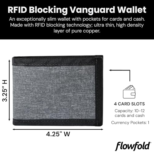 Flowfold Vanguard RFID Blocking Recycled Material Bifold Wallet | Minimalist Design with Cash Pocket, 2 Hidden Card Pockets, and 2 ID Windows | Holds 10-12 Cards | Made in USA | Heather Grey2