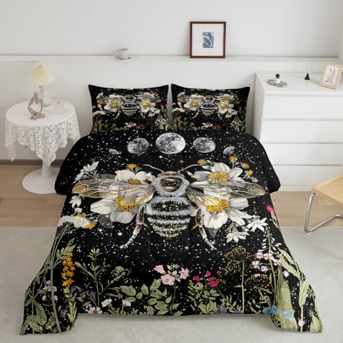 Image of Wildflower Bee Bedding Set for Boys Girl Full,Moon Phase Botanical Honeybee Kids Inner Fill Comforter Vintage Plant Nature Blossom Leaf Floral Garden Leaves Comforter Set,Bohemian Quilt Set Decor