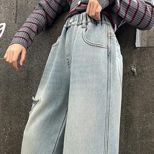 Girls Butterfly Baggy Jeans Wide Leg Straight Y2k High Elastic Waist Denim Pants Streetwear Distressed Washed Trousers4