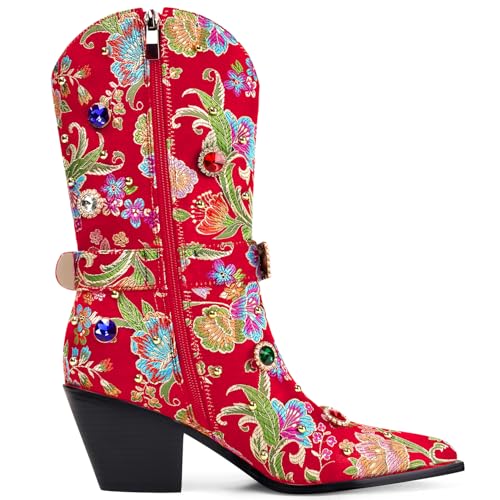 Image of LOCERICH Women Rhinestone Cowboy Sparkly Cowgirl Boots Diamond Western Floral Embroidery Mid Calf Booties