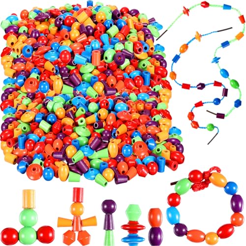 Image of Shappy 324 Pcs Wooden Lacing Beads for Wooden String Beads Threading Toys Montessori Lacing Toys Fine Motor Skills Developmental Educational Plaything Sensory Occupational Activities Autism OT
