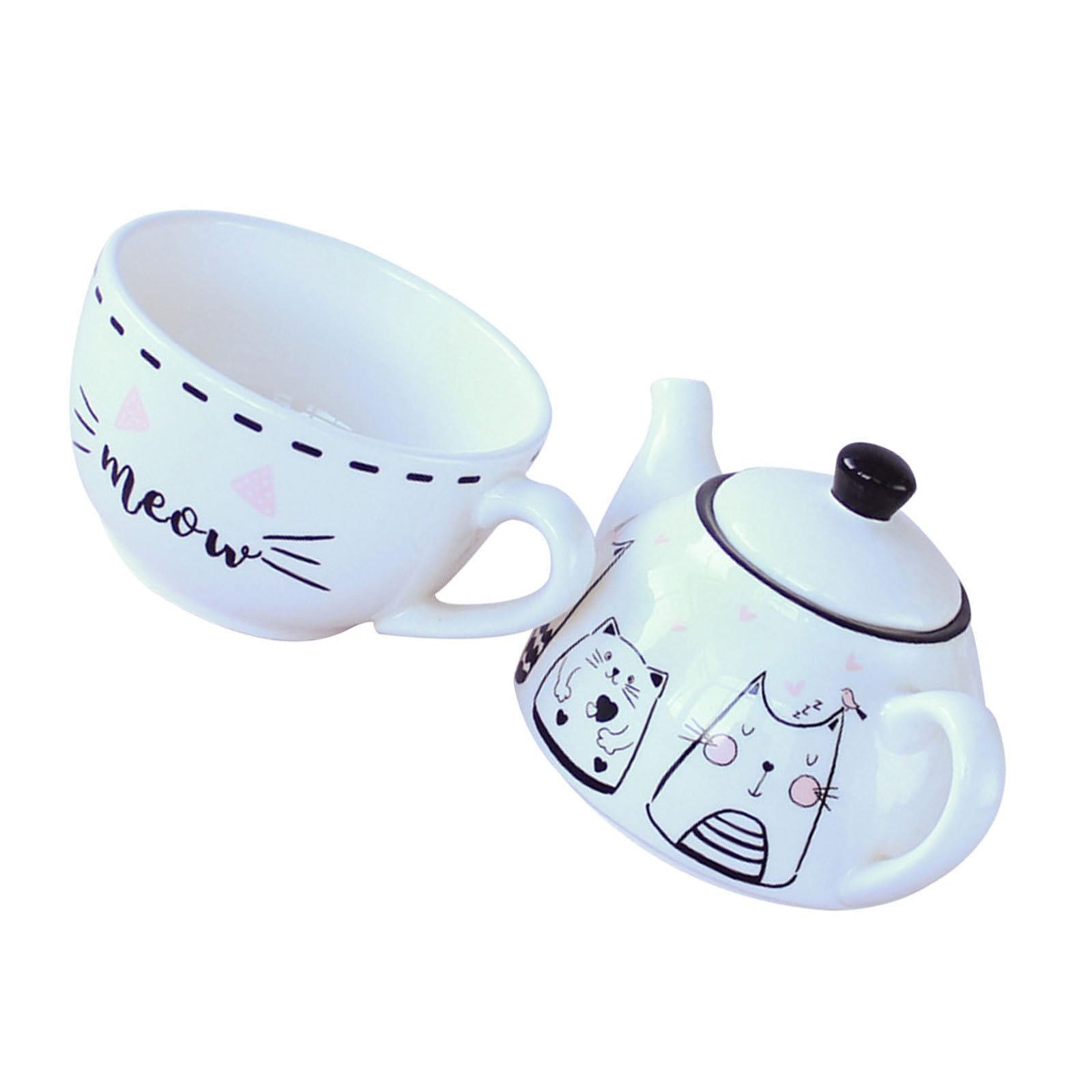 Tetera de Cerámica con Estampado de Gato, Color Claro para Hogar y Oficina
