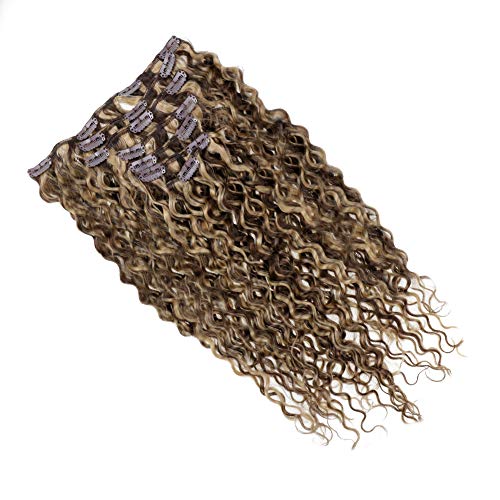 Human Hair Clip in Extensions(Color 4P27 Chocolate Brown with Strawberry Blonde,100g,14in) Natural Wave Style Clip Hair Extensions