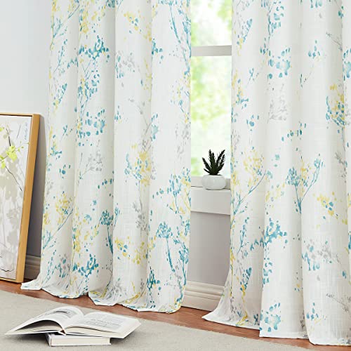 Image of Treatmentex Branch Semi Sheer Curtains for Living Room Yellow White Print Curtains for Bedroom 95 inch Length Teal and Grey Watercolor Window Panels with Multicolor Design Grommet Top 2pcs