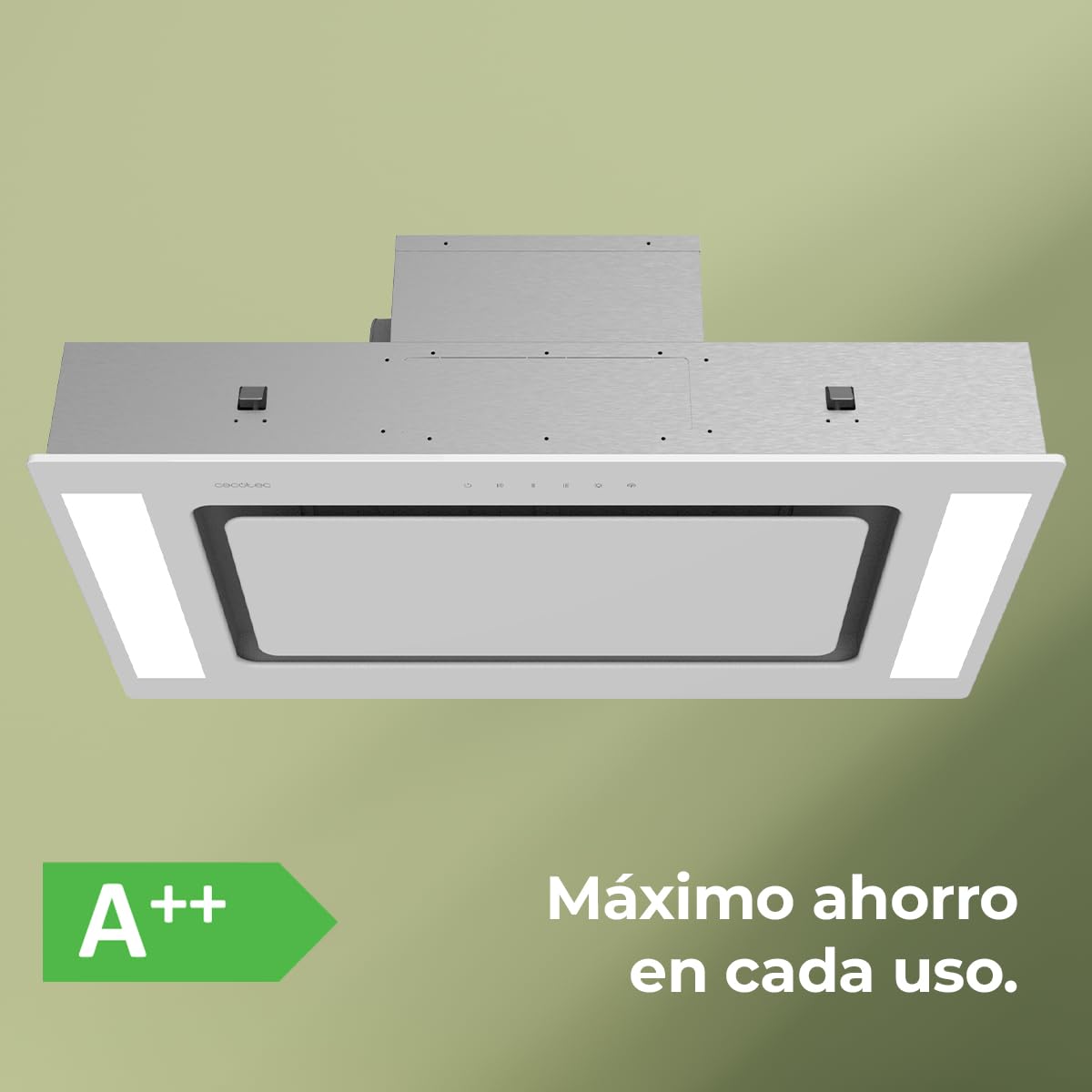 Cecotec Hotte Aspirante 90cm Plafond Intégrable Bolero Flux Tir 908000 Glass White A++. Finition Verre Blanc, Aspiration 800M3/H, Télécommande, Filtre Charbon, Booster