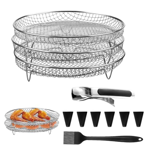 Luftfritteuse Korb, Air Fryer Rack, Runder Air Fryer Stand, 3 Schicht Stapelbar Heißluftfritteuse Edels-tahl Korb, Airfryer Grill Rack Mit Edelstahlclip, Ölpinsel, Heißluftfritteuse Zubehör Rund