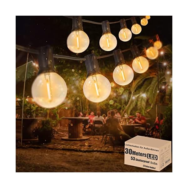 30M Lichterkette Außen LED Lichterkette Glühbirnen Aussen G40 53er Warmweiß IP44 Wasserdicht Glühbirnen Girland Lichterkette für Garten Terrasse Hochzeit Party Weihnachten