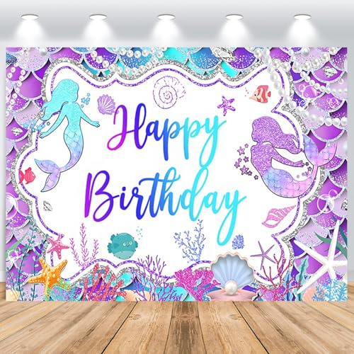 ASDCXZ Telón de Fondo Cumpleaños de Sirena 2.2x1.5m, Soñador Bajo el Mar Turquesa Púrpura...