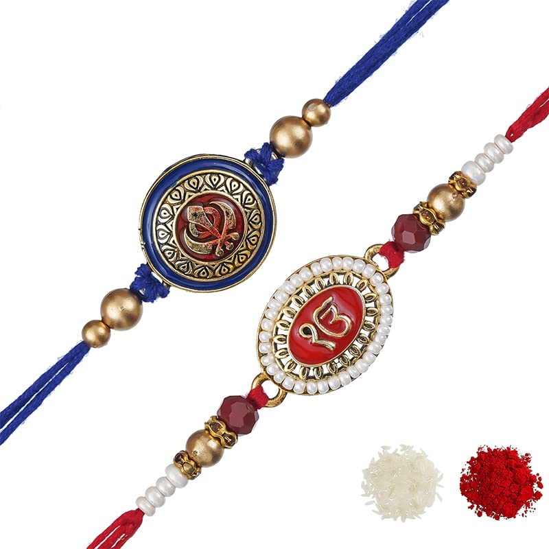 Image of eCraftIndia Set of 2 Yellow, White & Maroon Designer Diamond Rakhis with Roli Chawal Pack