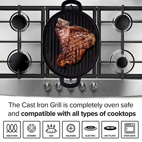 Nuwave Cast Iron Grill, 12.42”X10.21” Non-Stick Grilling Surface, Deep Grill Ridges, Pre-Seasoned, Stay-Cool Silicone Handles, Easy-To-Clean, Oven Safe, Stovetop, Bbq, Fire & Smoker, Induction-Ready #TOP2