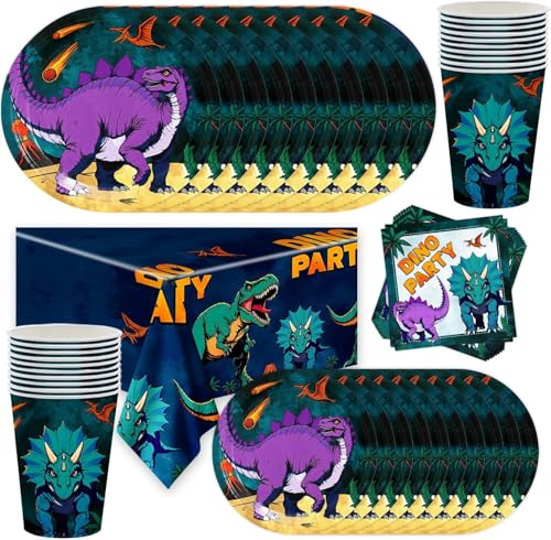 Dinosaurier Tableware Party Set, Comic Dinosaurier Thema Geschirr, Kindergeburtstag Geschirr Kit, Including Plates, Cups, Napkins, Tablecloth, Party Supplies (41PCS, 10 Guests)