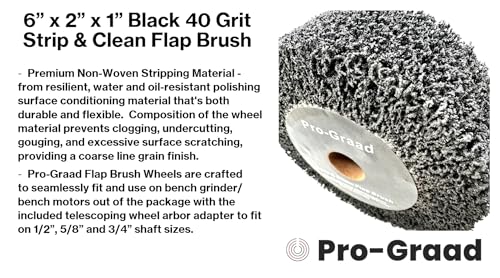 Image of 6 inch x 2 inch Black 40 Grit Extra Coarse Non-Woven Bench Grinder Strip & Clean Flap Brush Wheel, Metal Graining, Stripping, Rust & Paint Removal, Compatible for 1 /2 inch, 5 /8 inch, 3 /4 inch Arbor