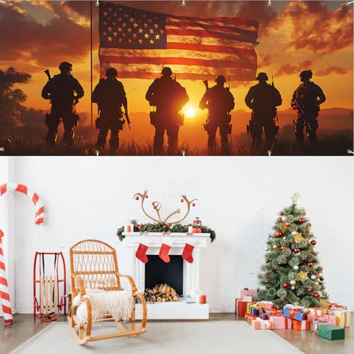 Image of 16x7Ft Patriotic American Soldier Silhouette Garage Door Decoration Flag, Military Tribute flag - Sunset USA Flag Themed Outdoor Decor