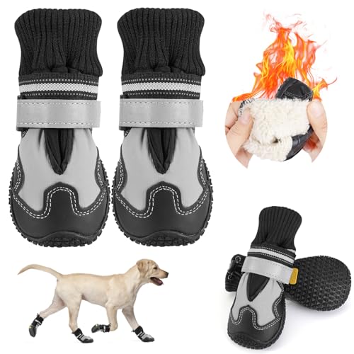 SlowTon Dog Boots - Waterproof Fleece Lined Dog Shoes for Large Small Medium Dogs, Soft Rubber Paw Protector for Winter Snow, Dog Booties for Outdoor Walking Hiking Rain, Grey - White Stitching, 8