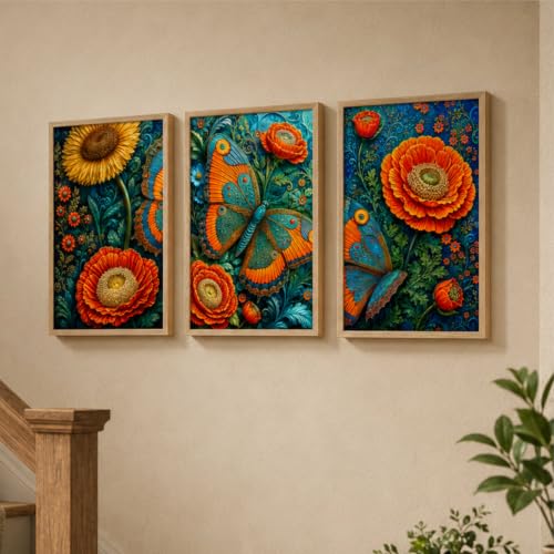 Image of Livin'luxe Set of 3 Butterfly Floral Wall Paintings for Living Room Bedroom Home Decor with Premium Wooden Color Synthetic Frame, Colorful Nature Art (13.5 x 19.5 Inch) NM03-73