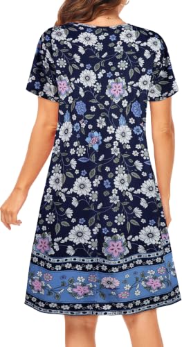 Image of elescat Womens Summer Dresses Casual Loose Tshirt Floral Pockets Sundress | 2026 Boho Flowy Short Sleeve Dress, Two Hidden Pockets, Loose Beach Cover Up, Solid or Floral, Fashion Vacation Outfits