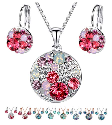 Leafael Ocean Bubble Women's Jewelry Set Made with Swarovski Crystals Opal Pink Ruby Red Costume Fashion Pendant Necklace Earring Set, Silver Tone, 18" + 2", Gifts for Women