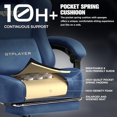 Image of GTPLAYER Big and Tall Gaming Chair 400lbs Heavy Duty Office Chair with Foot Rest, High Back Pocket Spring Ergonomic Computer Chair for Adults, Wide Comfy Seated Cushion with Linkage Armrests, Blue