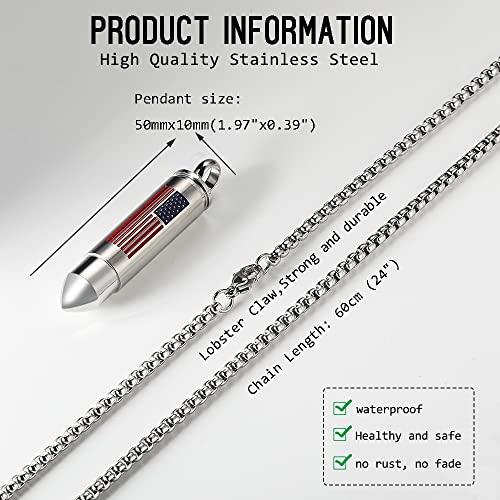 Bullet Urn Necklace for Ashes Stainless Steel Box Chain 24 inch American Flag Pendant Cremation Memorial Jewelry for Men4