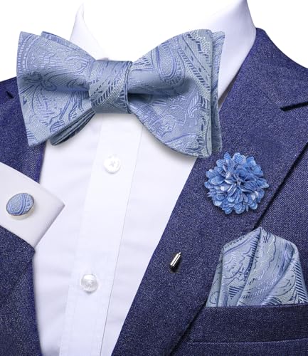 Image of Dubulle Self Tie Bow Ties and Lapel Pin for Men Paisley Solid Mens Bowtie and Handkerchief Cufflinks Set Wedding